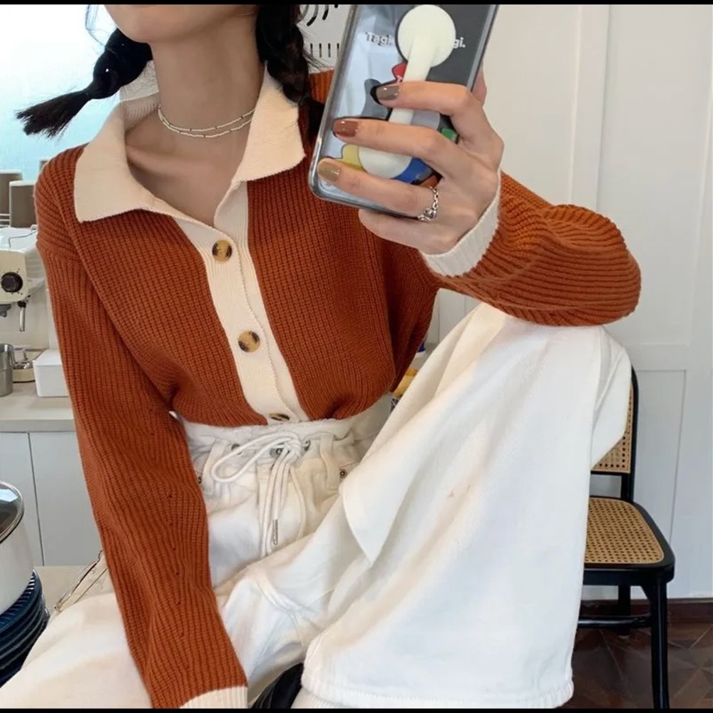 Rust Contrast Collared Cardigan - Picture 2 of 2